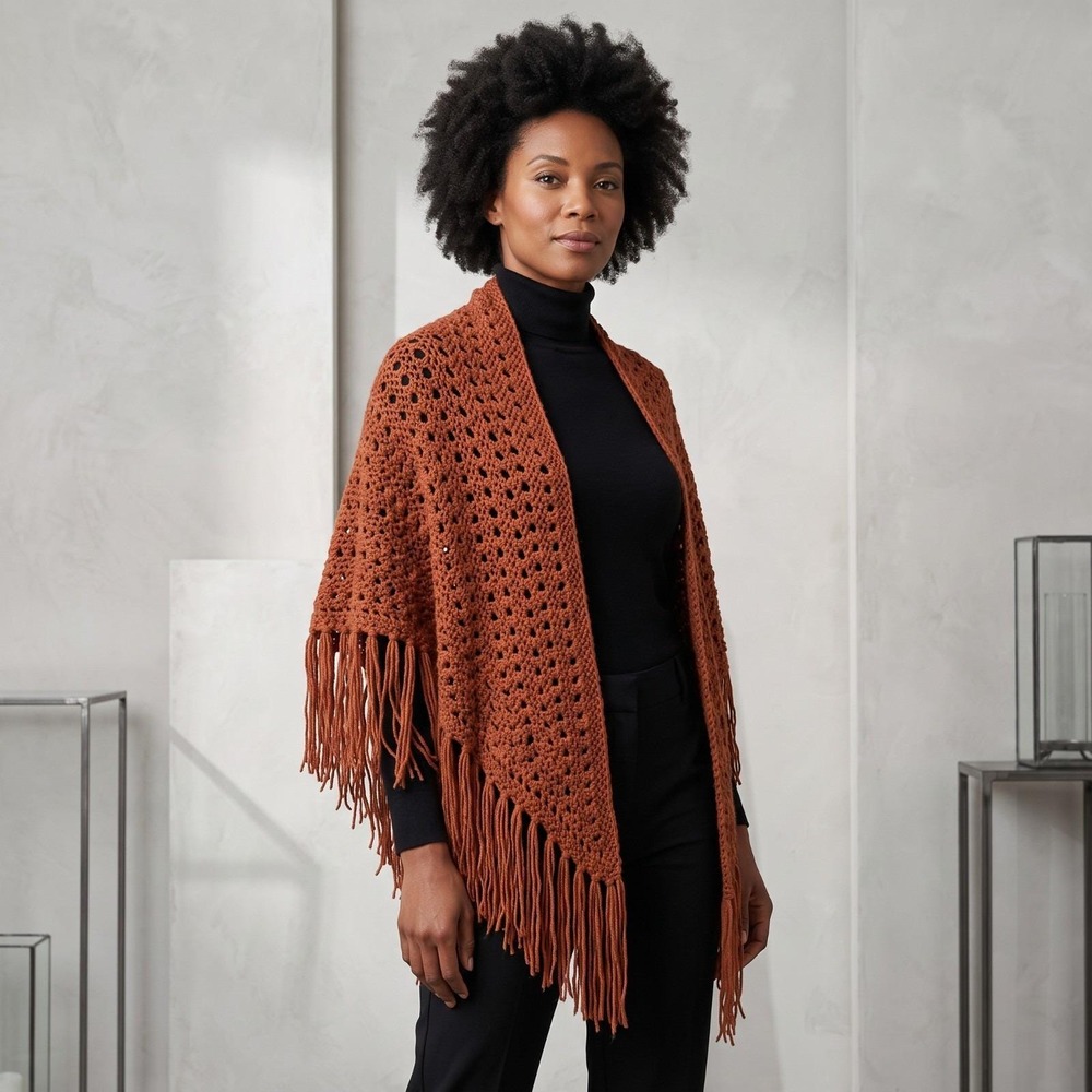 NEW Rust Orange Hand Knitted Knit Shawl Wrap Boho Hippie Fringe Earthy Cozy